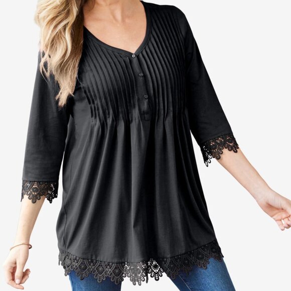 NWT Woman Within Pintuck Henley Crochet Trim Tunic - Black - Size 3X - Picture 1 of 1
